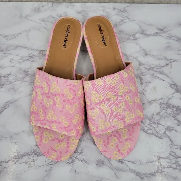 Comfortview Women's The Capri Slip On Mule Pink Floral Wedge Sandals - Picture 2 of 9